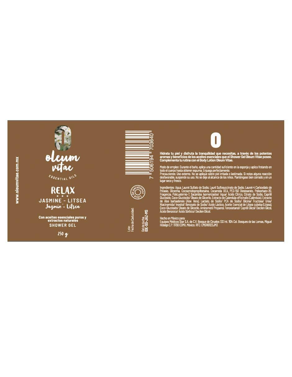 Gel de ducha hidratante con aceite esencial de litsea jazmín Oleum Vitae para piel mixta