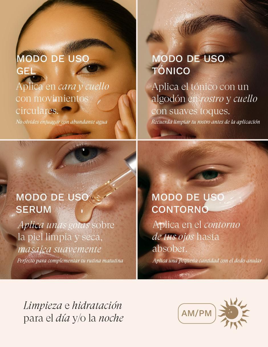 Kit tratamiento facial Set facial : serum + gel limpiador + tonico + contorno de ojos antiedad 6