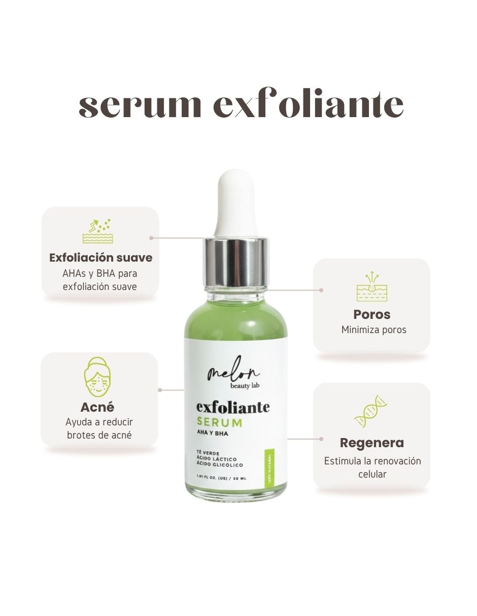 Sérum exfoliante facial Té verde, AHA y BHA Melon Beauty todo tipo de piel