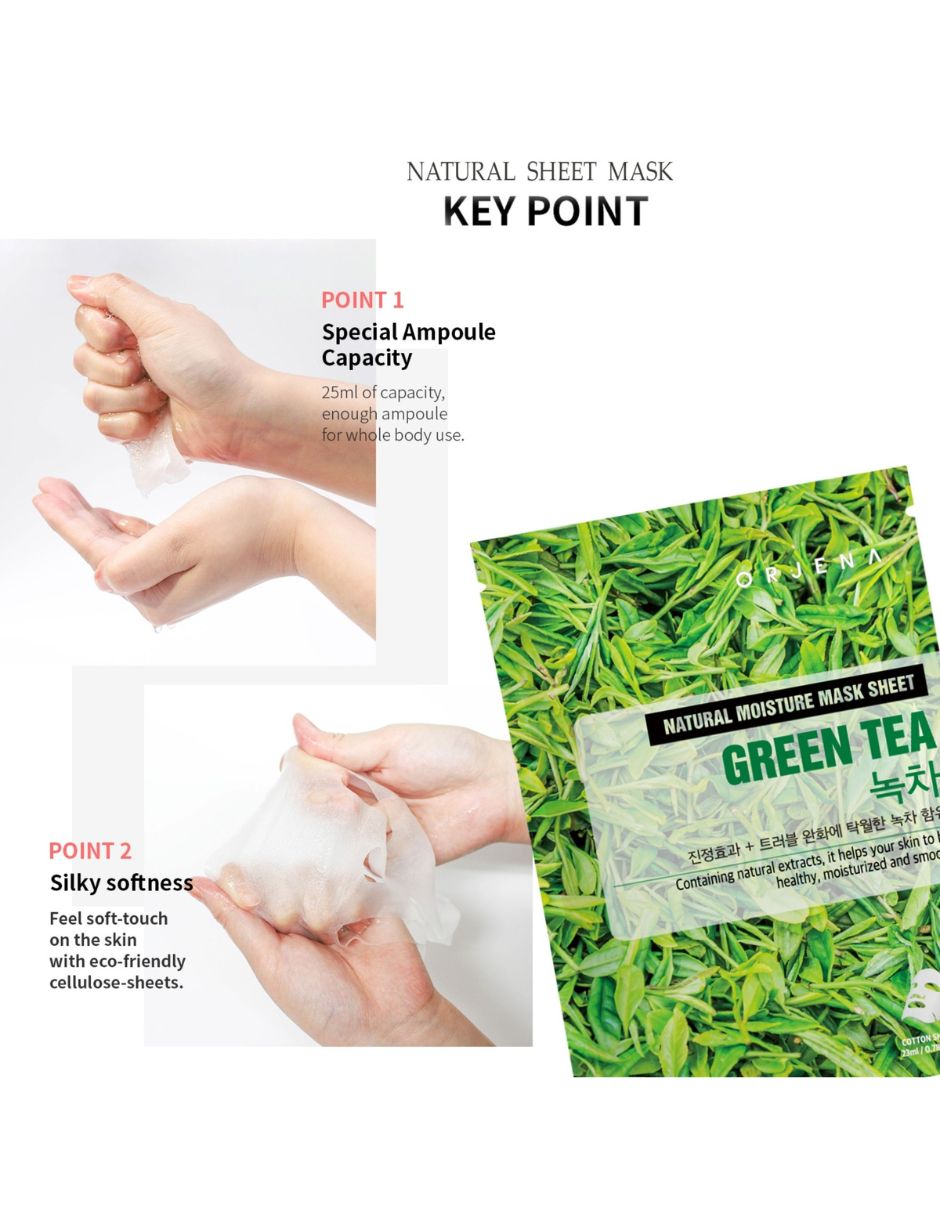 Mascarilla facial Natural Moisture Green Tea Mask Sheet 23ml Té Verde Antioxidante Calmante Hidratante para Calmar la piel ORJENA Mascarillas 5